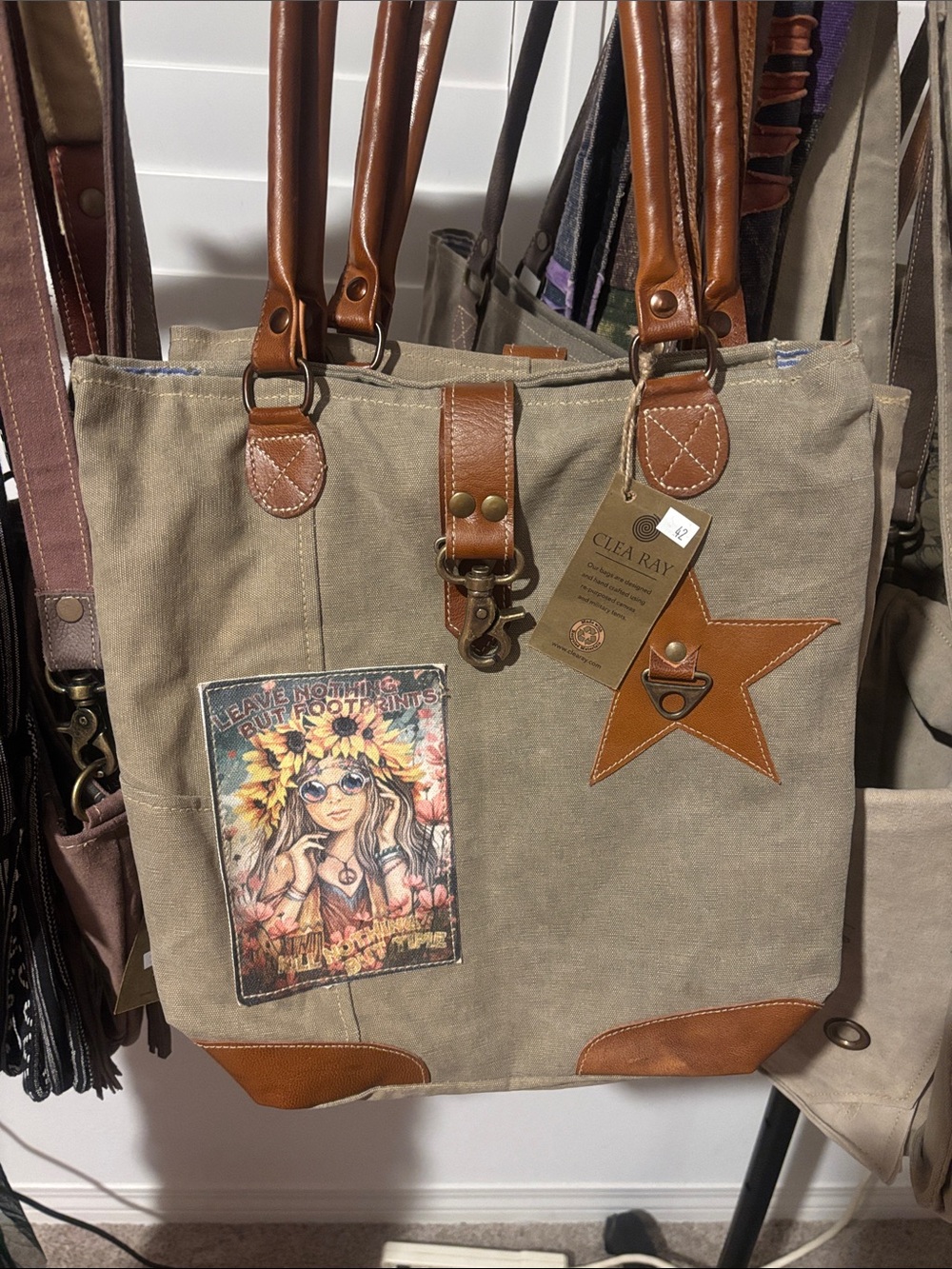 CLEARAY Repurposed Canvas Tote with Brown Leather Trim and Sunflower